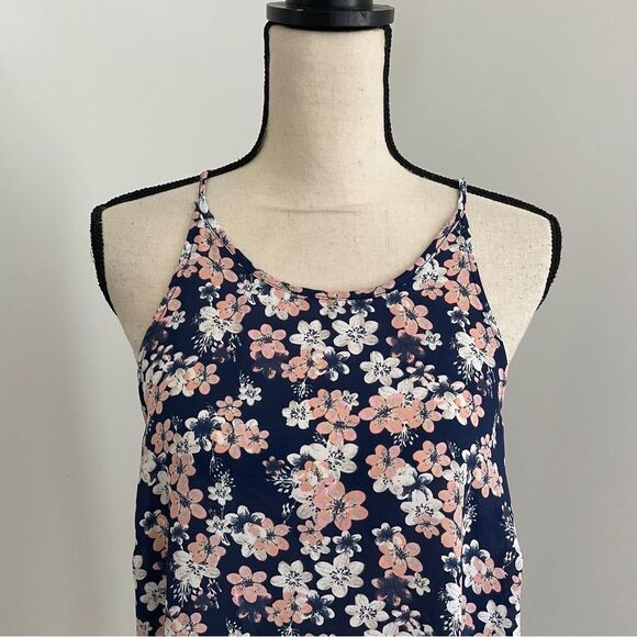 Cotton On Floral Sleeveless Ruched Racerback Blouse Large Navy Pink Cottagecore - Picture 5 of 11